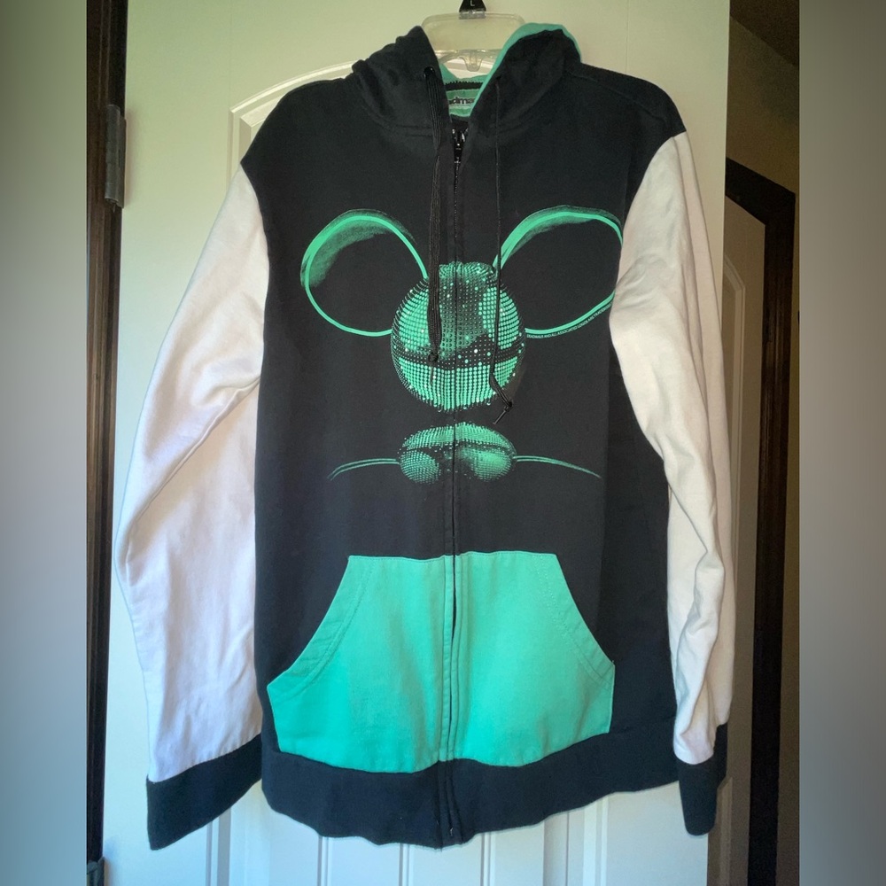Size Medium, front-zip Deadmau5 hoodie, black/white/teal